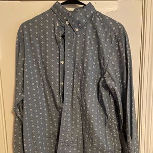 Blue with White Symbols Long Sleeve Button Up